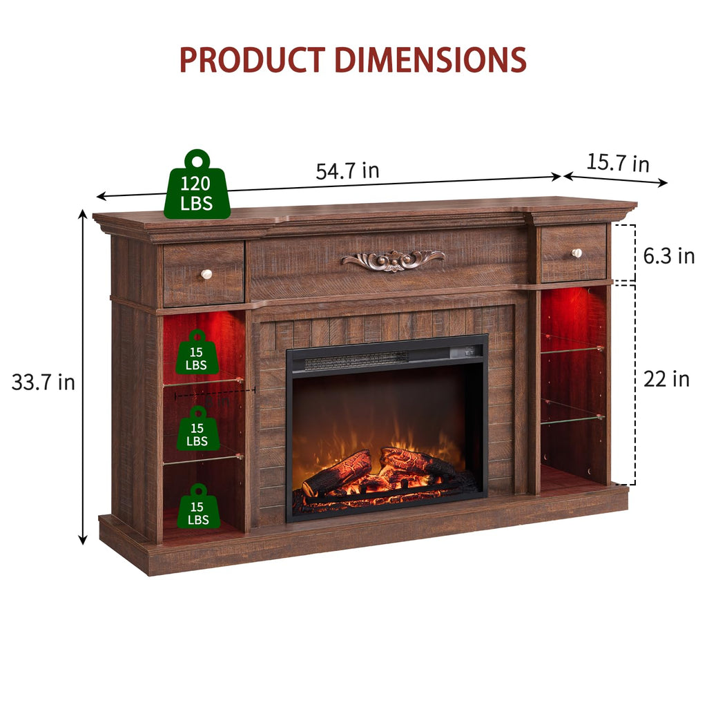 54" Farmhouse Electric for 60 Inch TV, 33" Tall LED Entertainment Center w/7 Color, Open Adjustable Shelves &