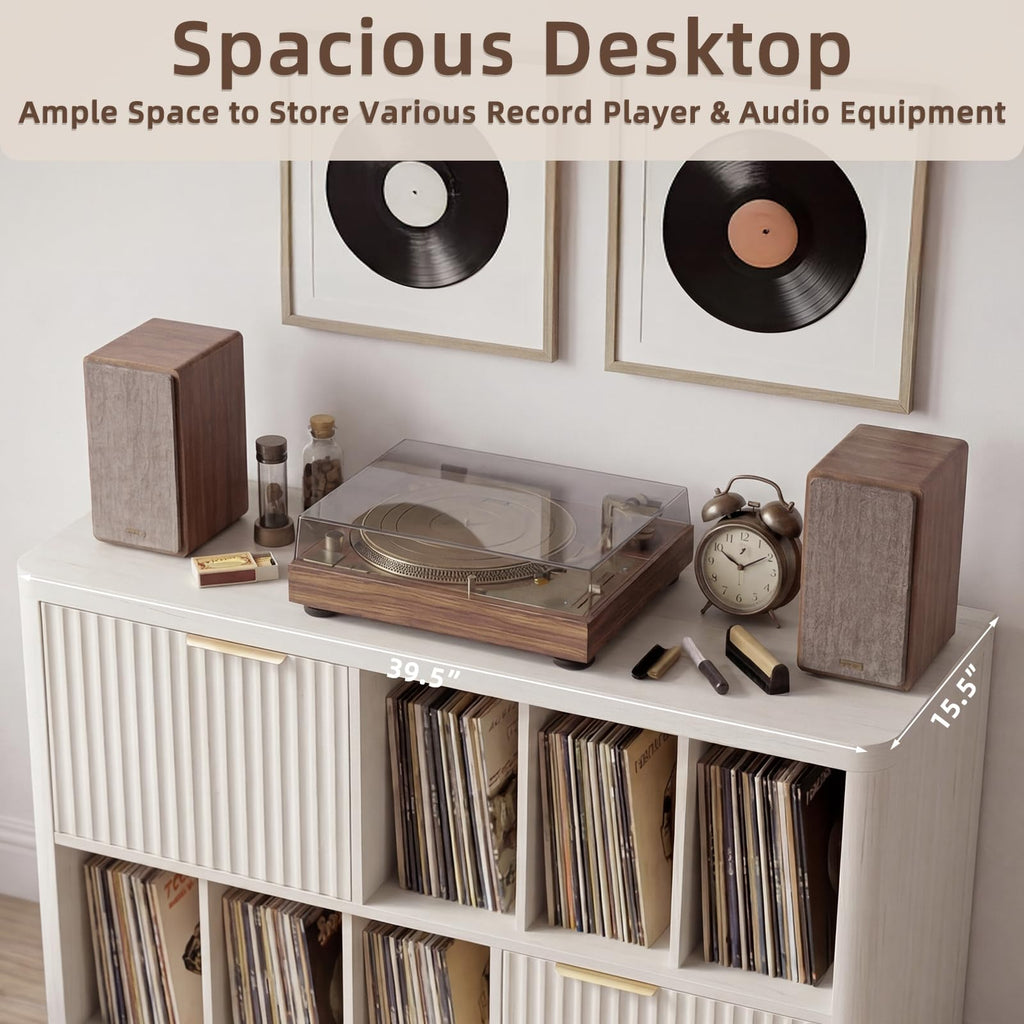 Large Record Player Stand - 39.5" Record Cabinet with Open Vinyl Storage Holds up to 400 Albums, Modern Vinyl Player