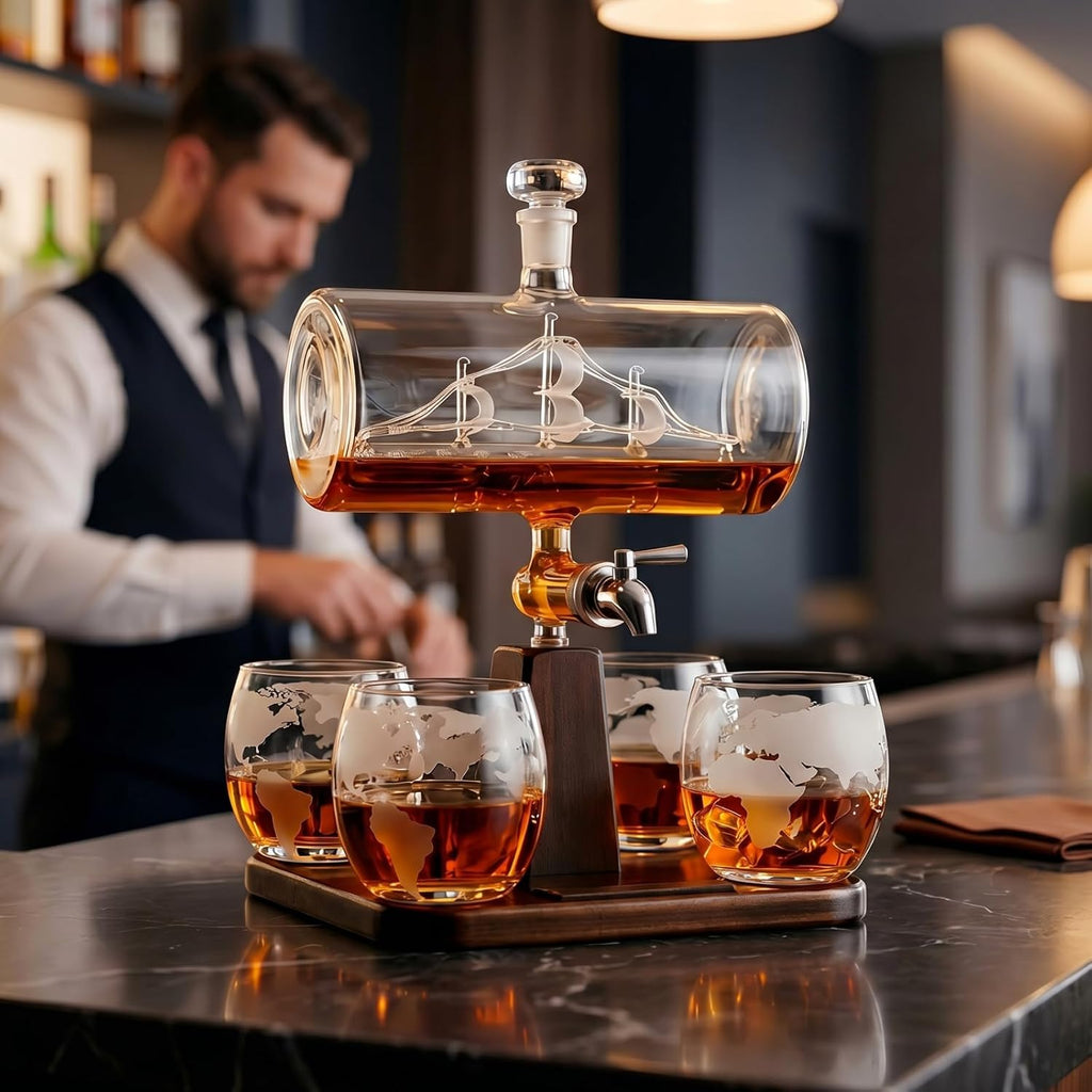 Whiskey Decanter Globe Set with 4 Etched Whiskey Glasses - for Liquor Scotch Bourbon Vodka, Gifts For Men - 1250ml