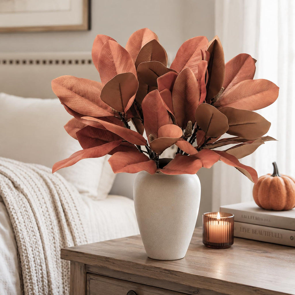 4 Pcs Fall Magnolia Silk Leaves Branches 25.6 Inch 3D Real Touch Autumn Faux Magnolia Stems Fake Orange Leaves Twigs