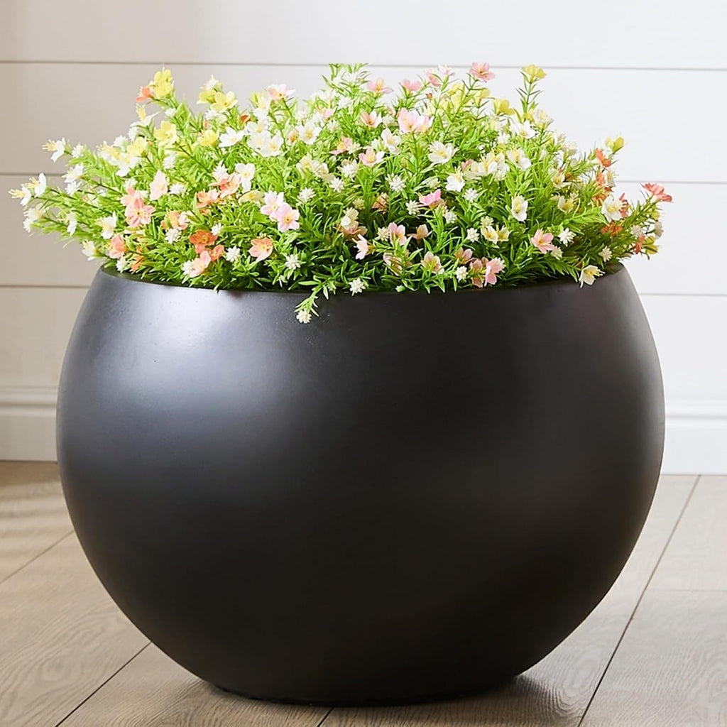 19.3" Dia-13 H Fiberstone Sphere Planter, Black Round Flower Pot | Large Concrete Planters for Indoor Outdoor, 15"