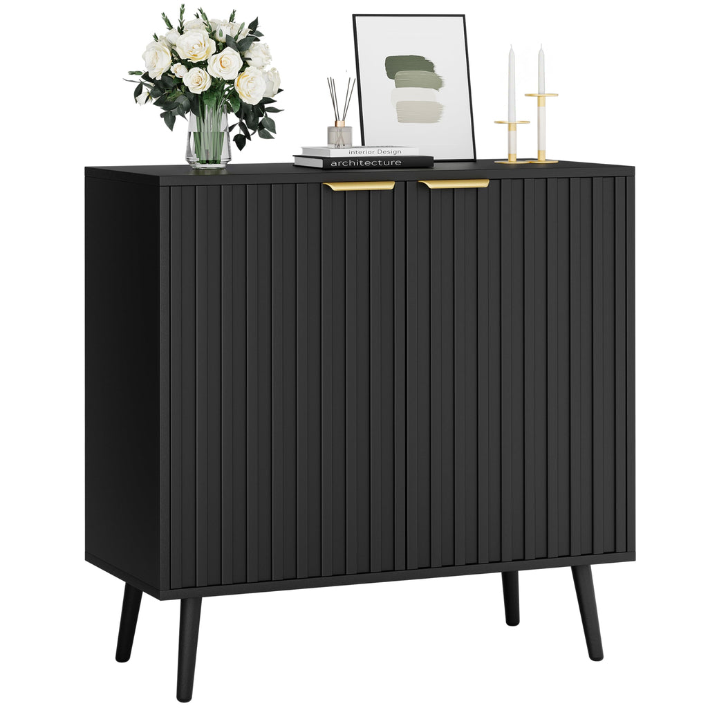 Fluted Storage Cabinet, Black Sideboard and Buffet Storage with Adjustable Shelf, Wood Accent Cabinet (4, Black+Gold)