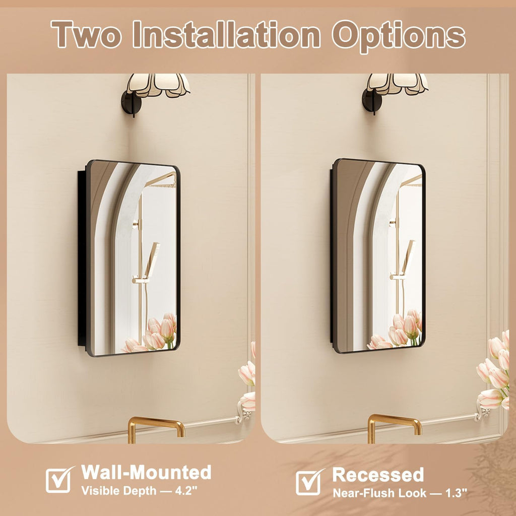 16x24 in Medicine Cabinet with Mirror , Matte Black | Fully Assembled; Recessed or Surface Wall Mount; Metal Cabinet