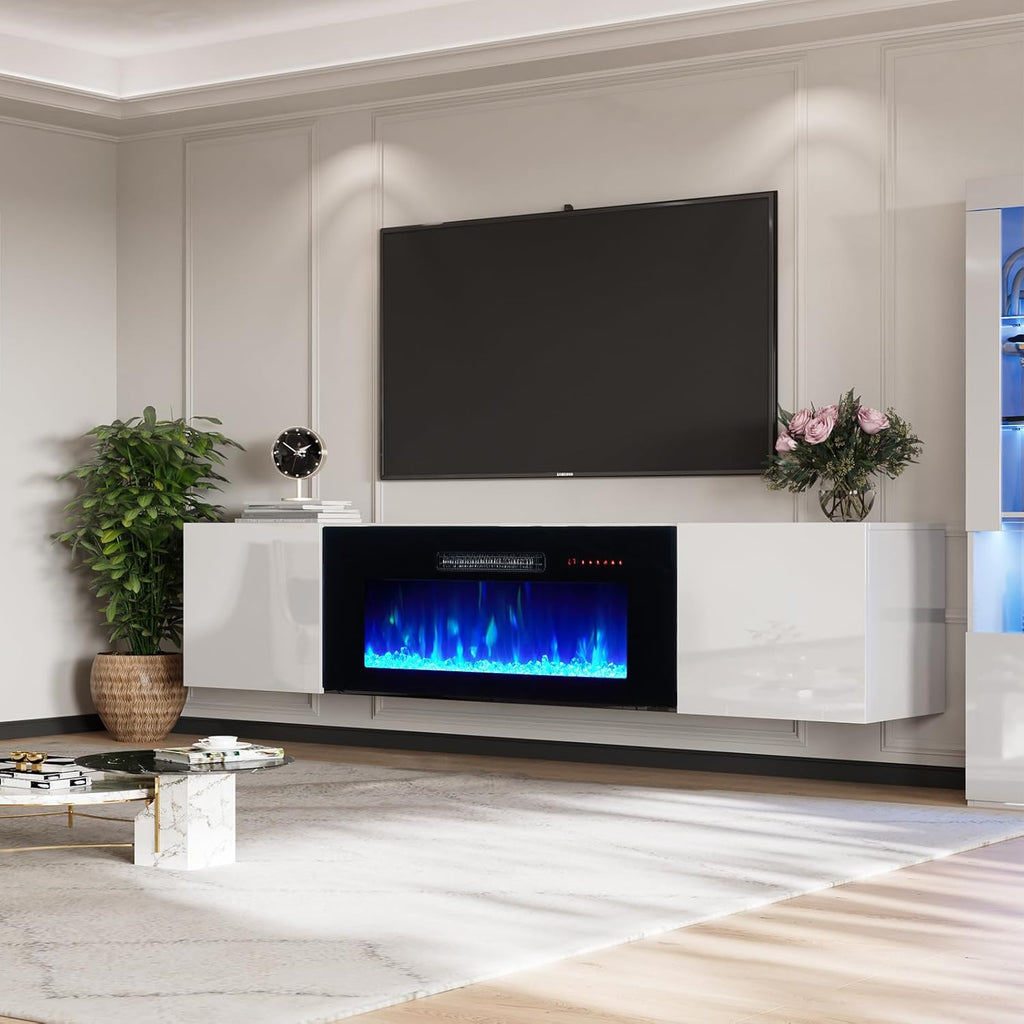 Floating Wall-Mounted Fireplace TV Stand with 40 Inch Electric Fireplace, Mirrored Entertainment Center, Modern LED Lighting for TVs up to 90 Inches, White