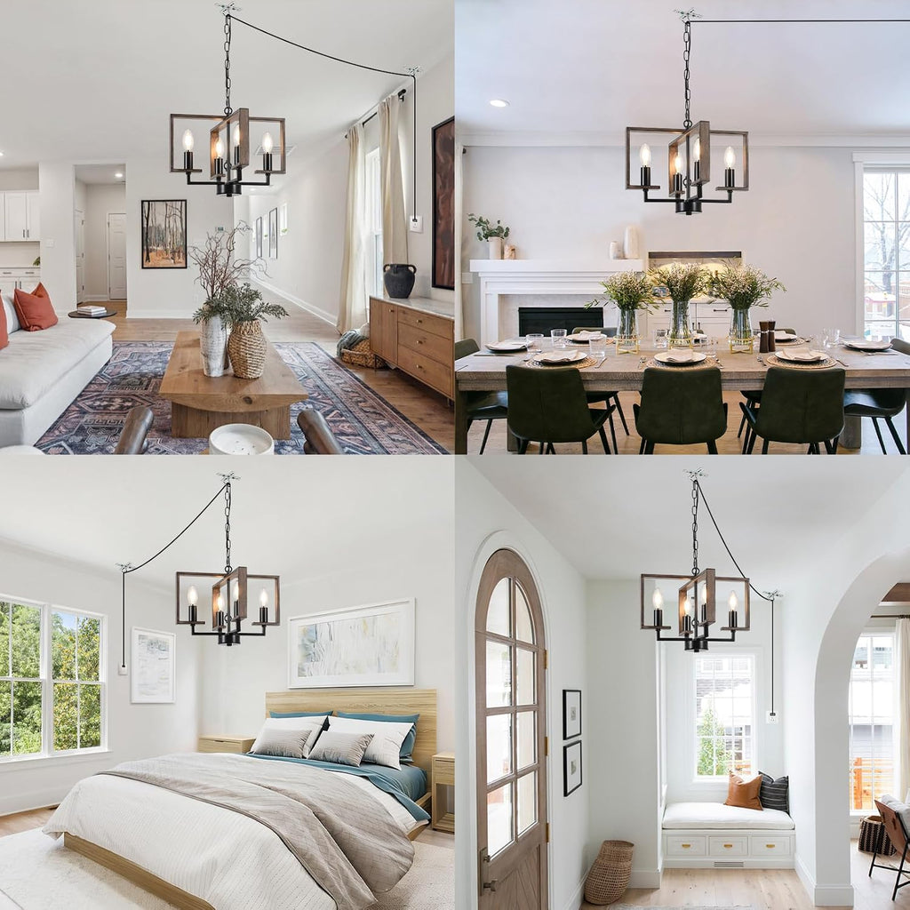 Plug in Chandelier, 4 Light Geometric Hanging Lights with Plug in Cord 15FT & Switch