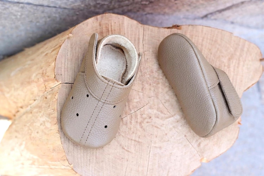 Leather Baby Booties Handmade Moccasins Soft Sole Barefoot First Walking Infant Shoes Newborn Shower Gift Boots Stone