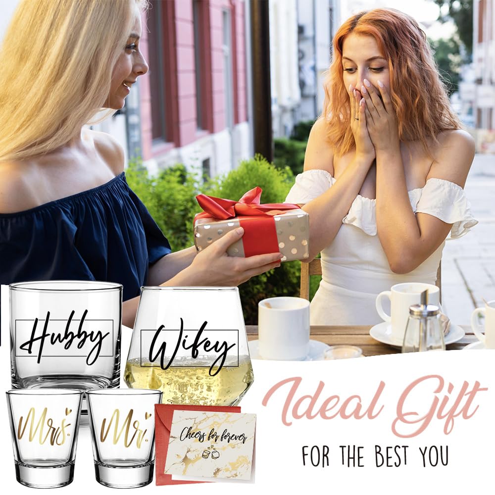 Wedding Glass Set Gifts for Couples 2026 Hubby Wifey Bridal Shower Gift for Bride To Be Bride Groom, Newly-Married