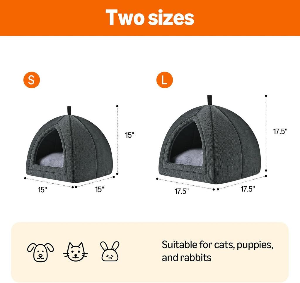 Cat Cave Bed, 2-in-1 Foldable House for Indoor Cats, with Washable Cushion and Non-Slip Base, 17.5 x 17.5 Inches, Large