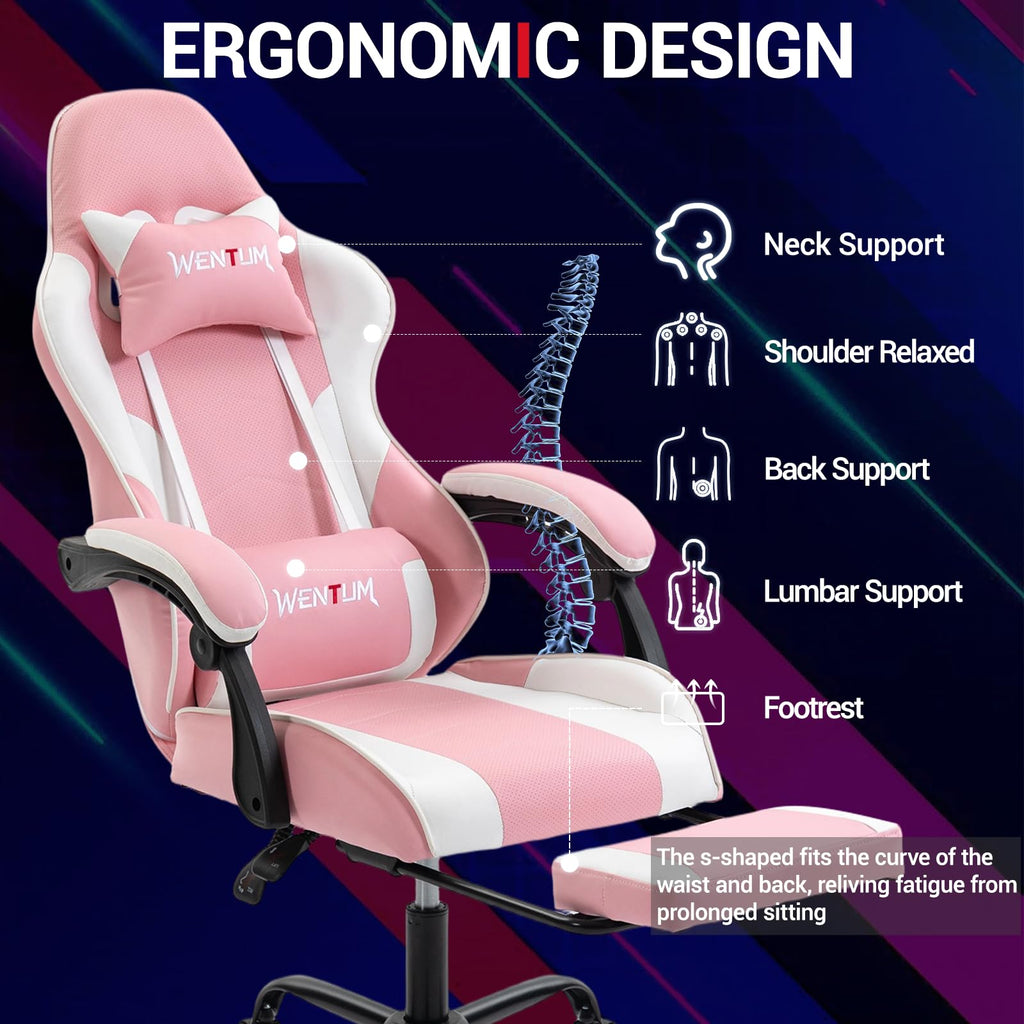 Ergonomic Gaming Chair with Footrest, Video Game Chair with Massage Lumbar Support, Computer Gamer Chair, PU