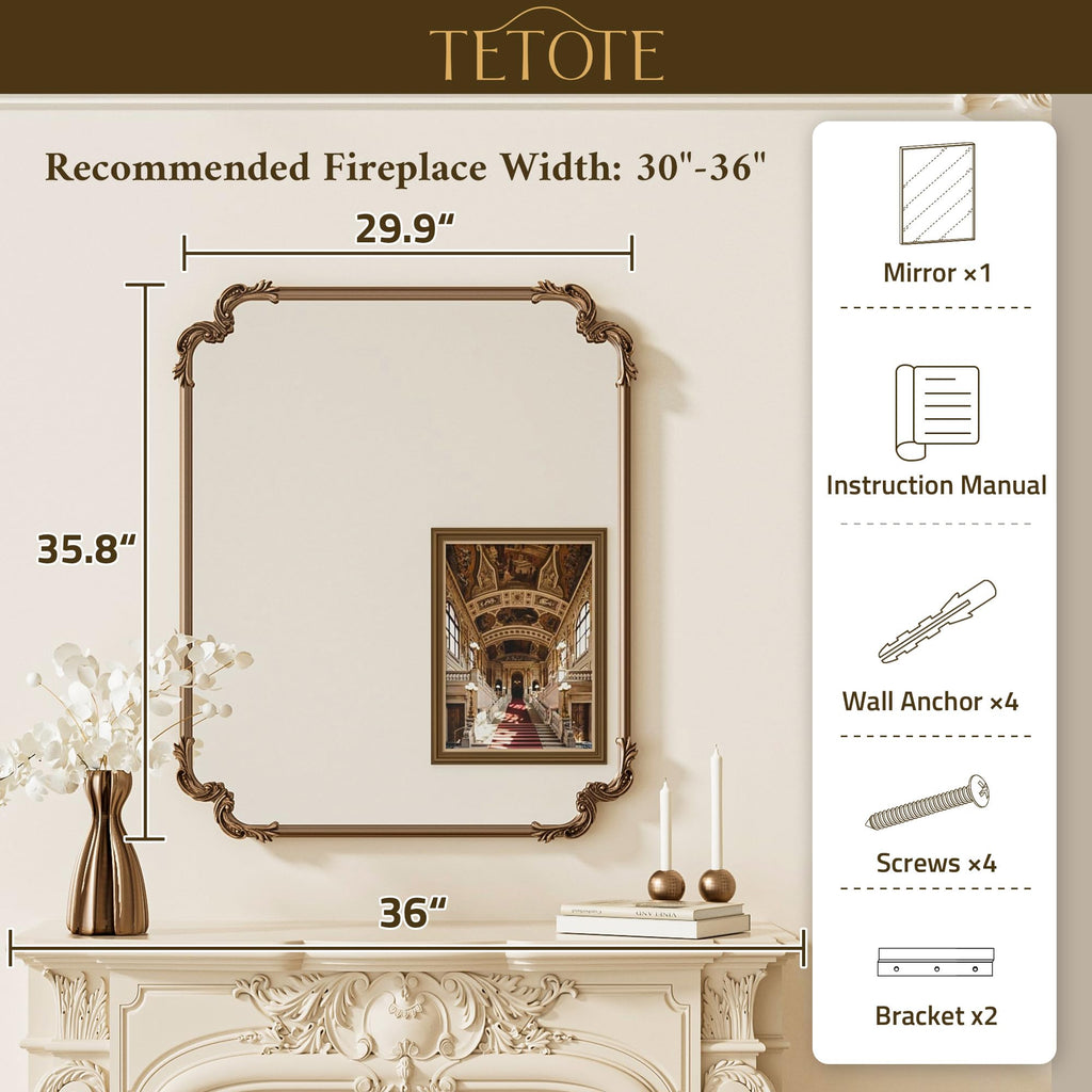 Antique Bronze Scalloped Mirror for Mantle Fireplace 30 x 36 Baroque Vintage Ornate Wall Mirror with Metal Frame for