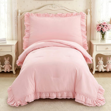Toddler Bedding Set for Girls, 4 Piece Double Ruffles Super Soft Toddler Bed Set with Boho Toddler Comforter Sheet