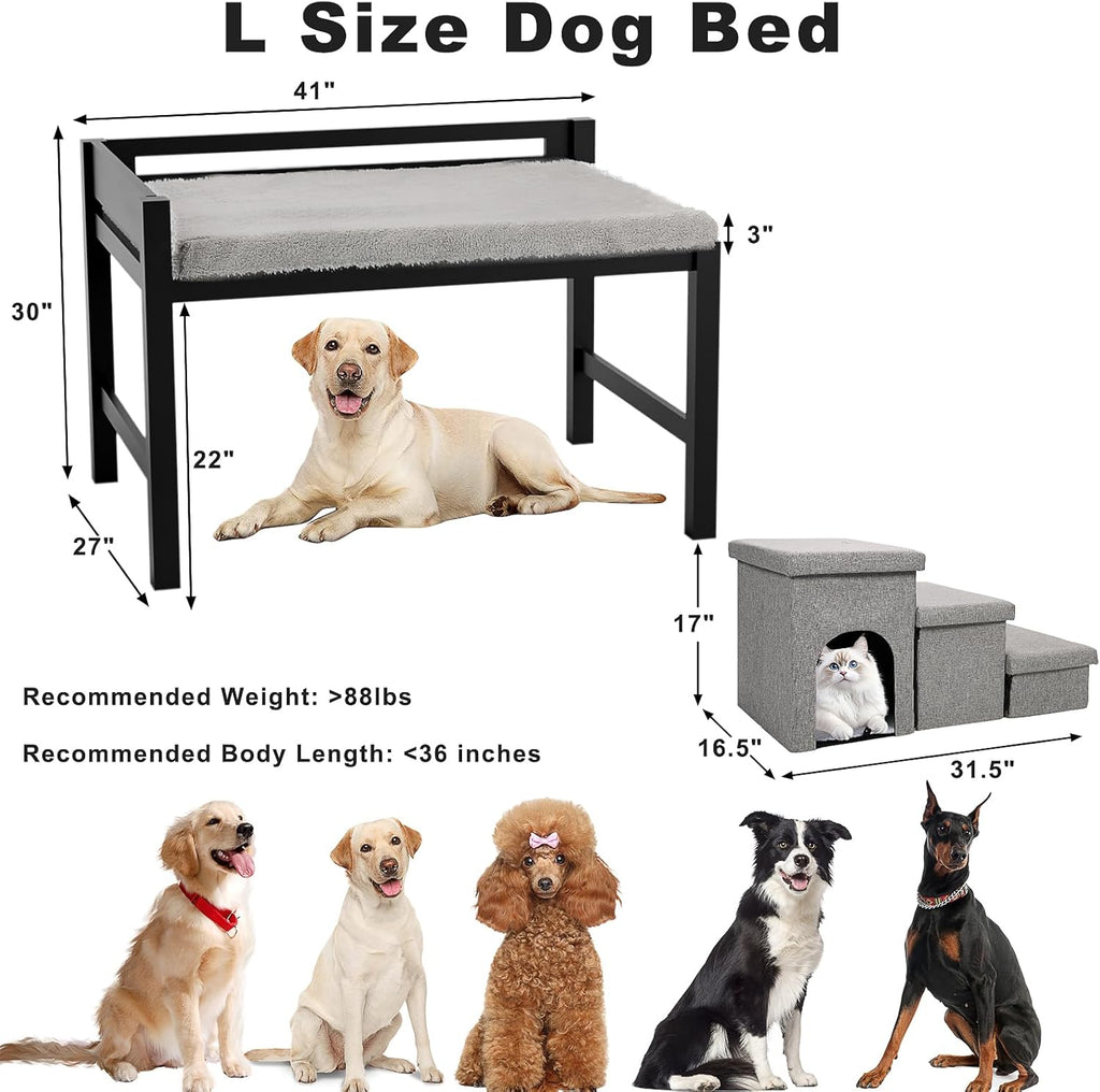 41‘’x27''Bedside Dog Bed with Stairs, Wooden Elevated Dog Bunk Bed Cosleeper with Removable Mattress