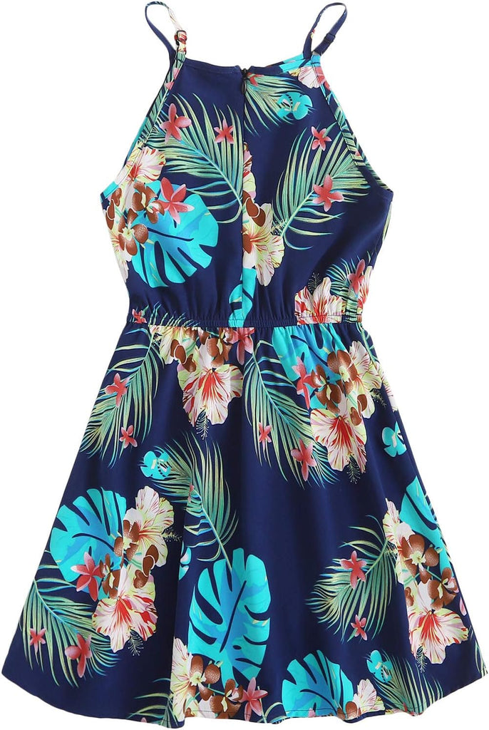 Girl's Casual Boho Floral Print Sleeveless Hawaiian Dress Sundress