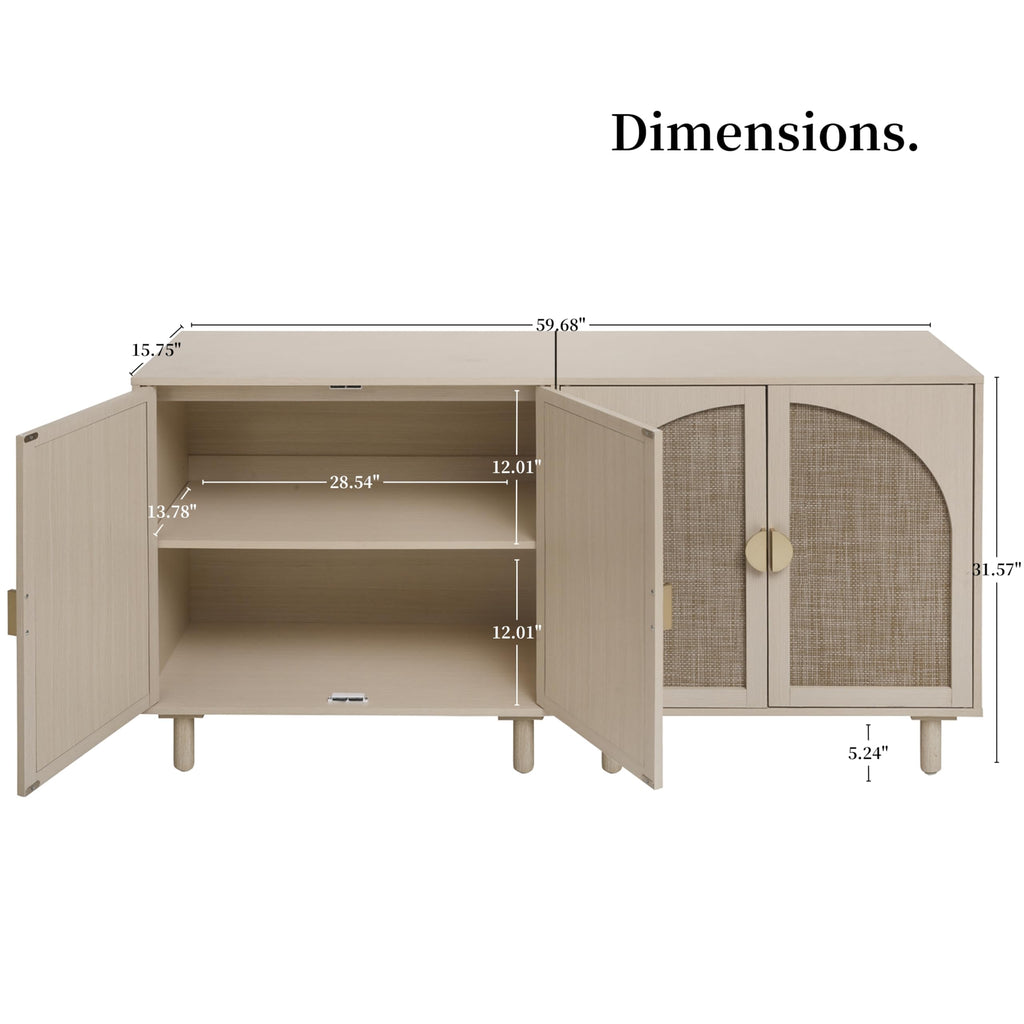 4 Doors Boho Rattan Storage Sideboard Cabinet, Kitchen Buffet, Beige, 2pcs.