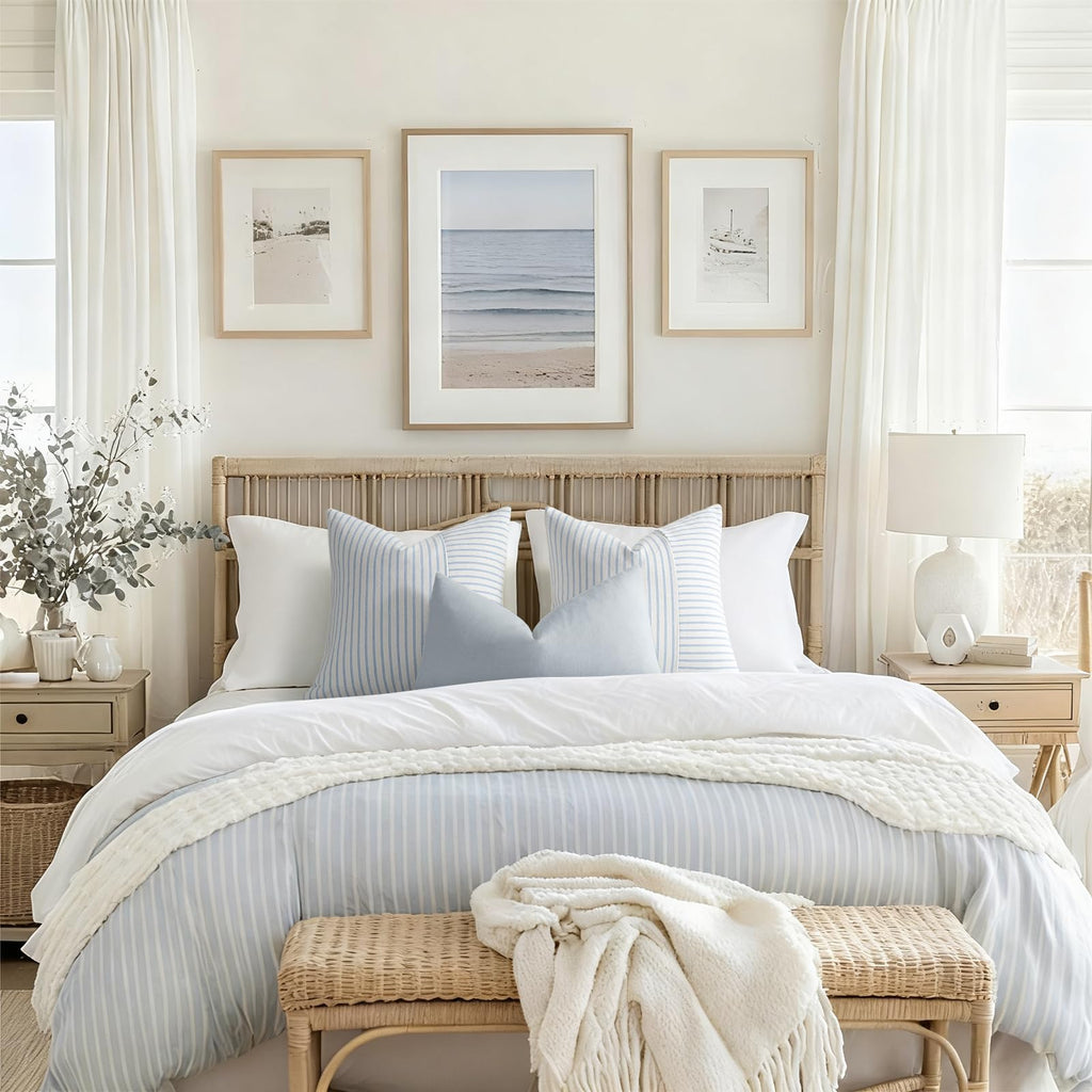 Farmhouse Euro Sham Pillow Covers 24x24, Modern Throw Pillow Covers Set of 2, Light Blue and Beige Striped Patchwork