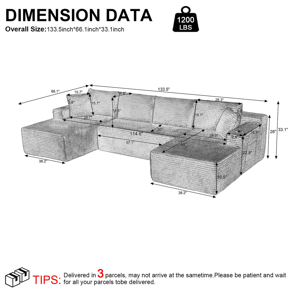 134 Inch Modular Sectional Sofa, Cloud Boneless Couch