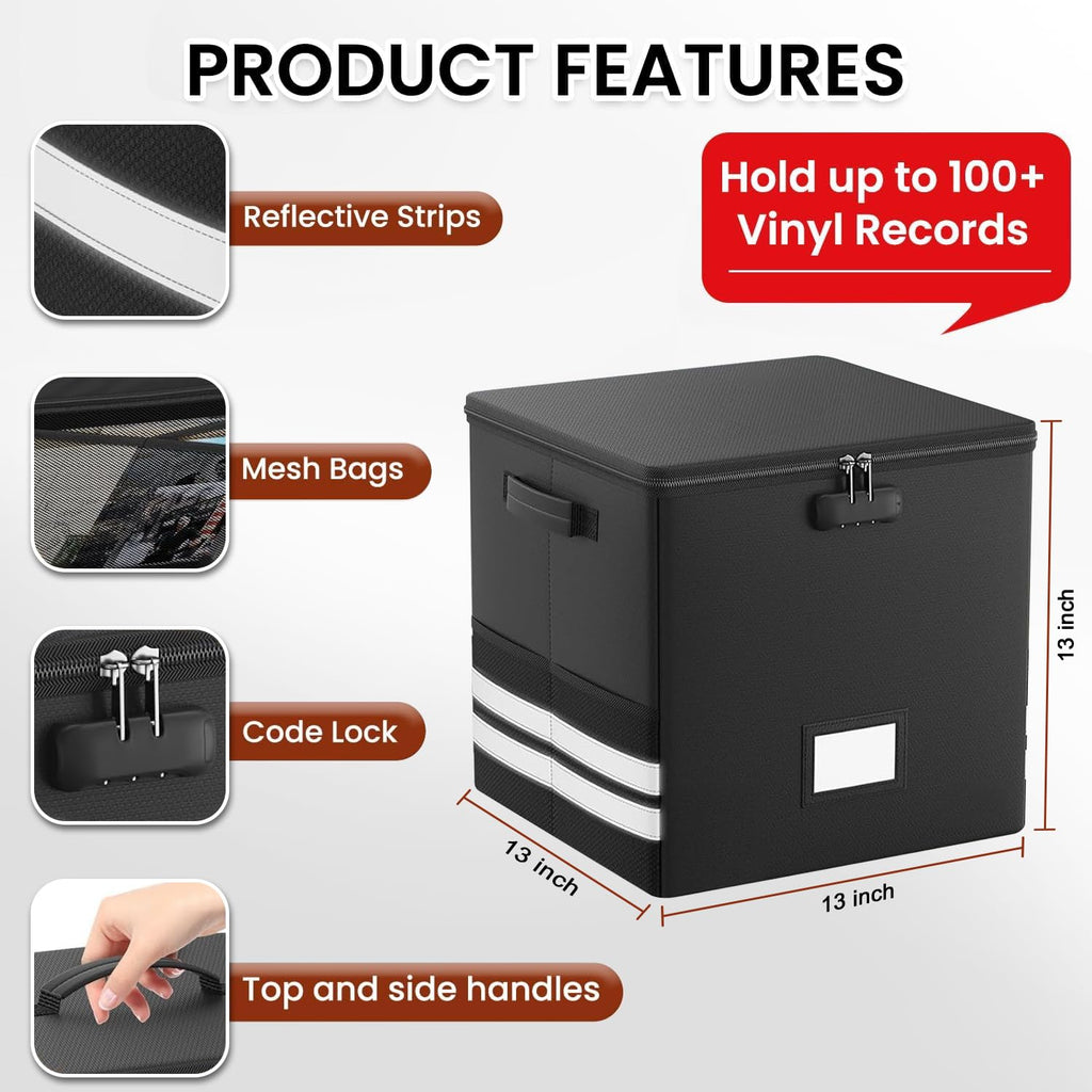 Vinyl Record Storage Box with Lock, 2-Pack Fireproof & Waterproof