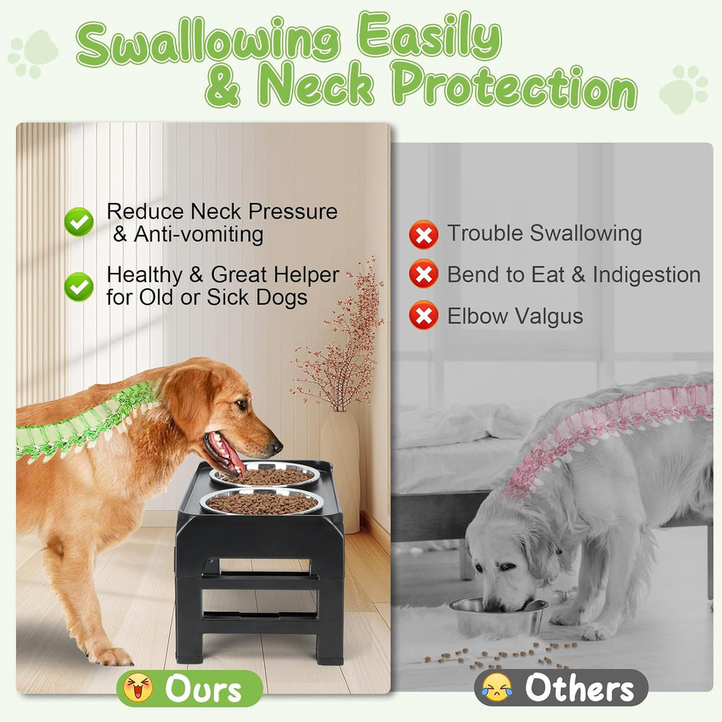 Elevated Bowls with Adjustable Heights - Raised Stand with 2 Stainless Steel Food Bowls, Non-Slip Foldable Feeder