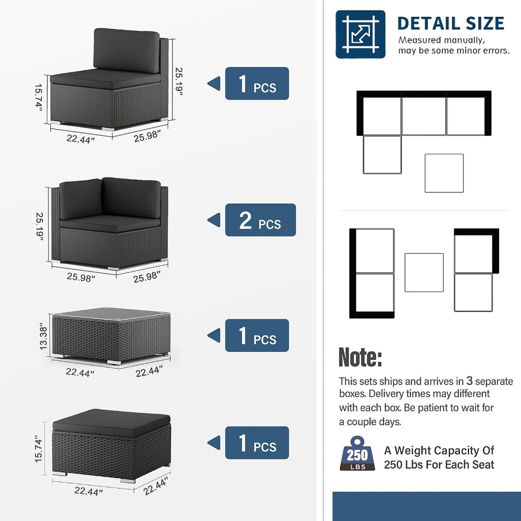 5-Piece Outdoor Patio Furniture Set, All-Weather PE Rattan Sectional Sofa with Ottoman, Glass Coffee Table &