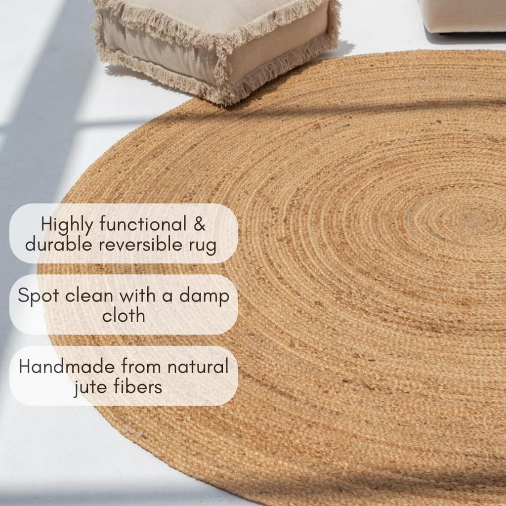 Handwoven Jute Area Rug - 5 feet Round - Natural Yarn - Rustic Vintage Beige Braided Reversible Rug - Eco Friendly