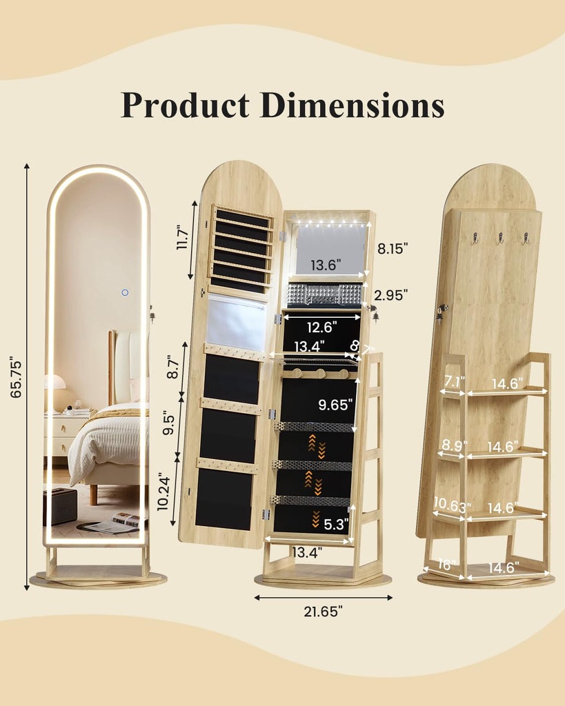 LED Arched Mirror Jewelry Cabinet Standing, Lockable Jewelry Armoire