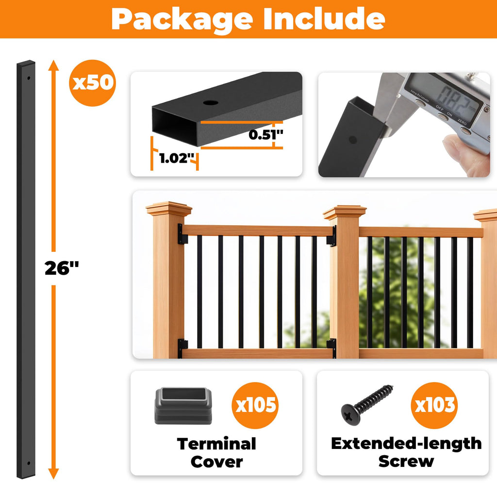 50 Pack 26" Metal Deck Balusters for Deck, Porch and Stair Railings