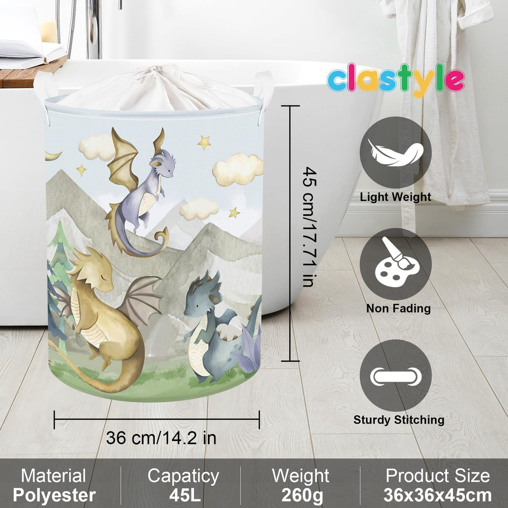 45L Kids Cute Dragon Nursery Hamper Mountain Tree Dirty Clothes Collapsible Laundry Basket Round Cloud Toys Storage