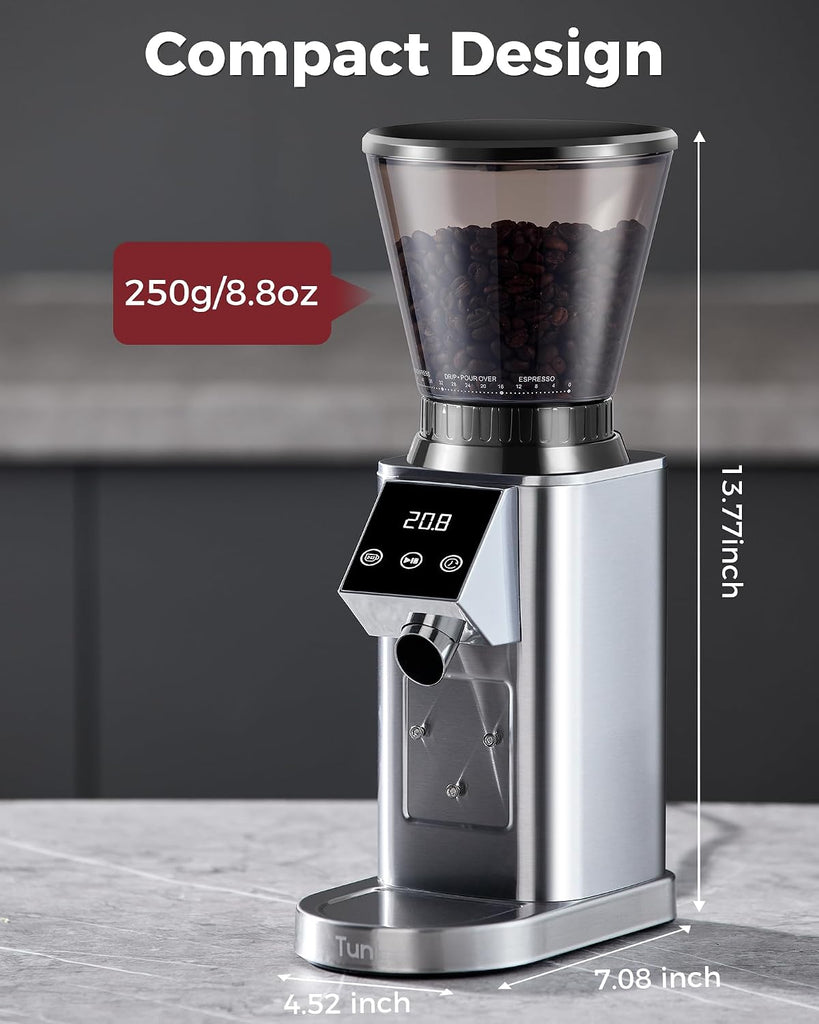 G1 Conical Burr Coffee Grinder with 48 Grind Settings, Silver | Anti-static Burr Espresso Mill, Electronic Timer and