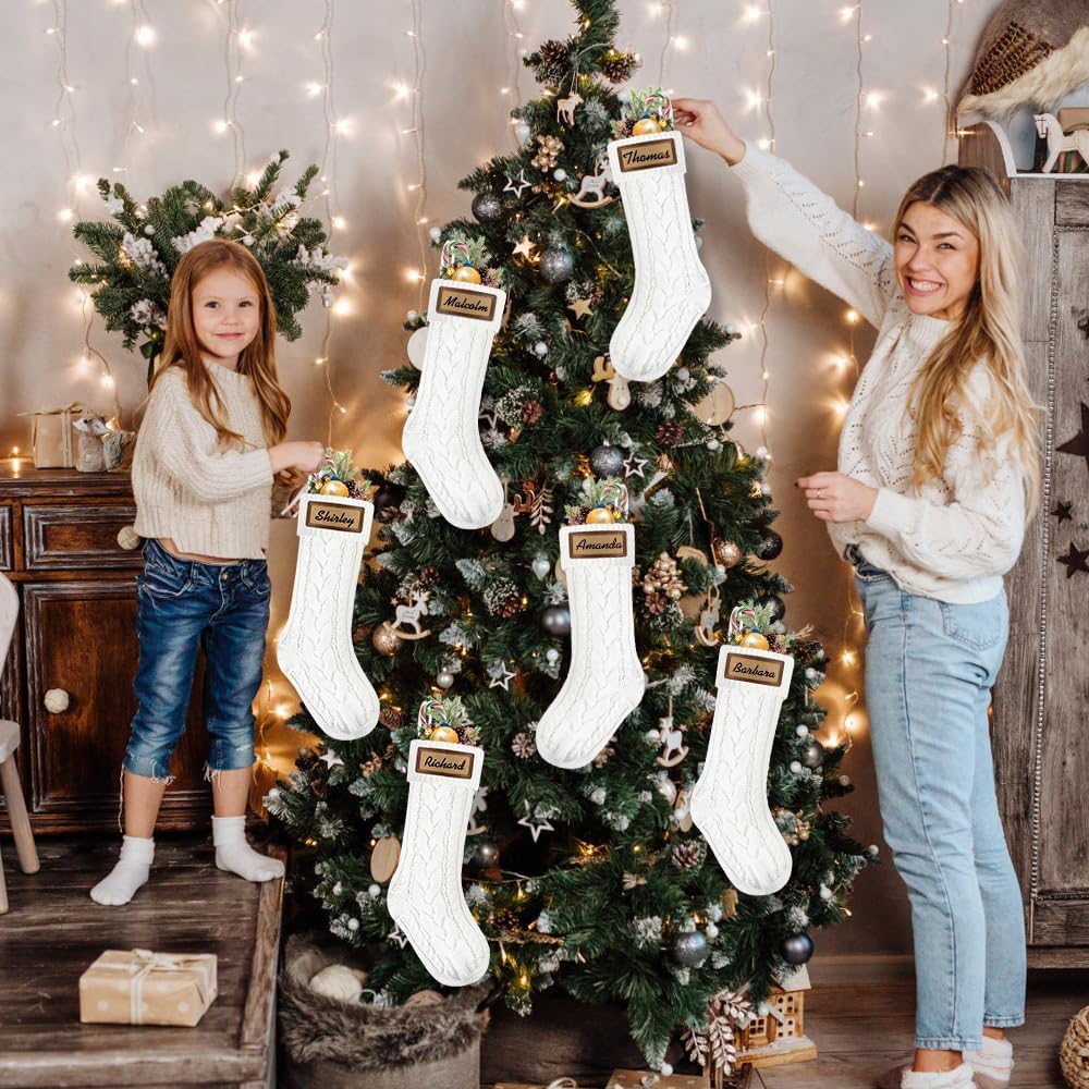 Christmas Stockings, 18inch Large White Cable Knitted Stocking Personalized Xmas Hanging Stocking with Leather - Set of 6