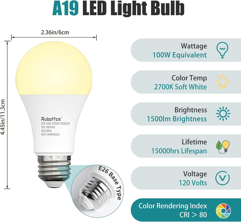 6 Packs A19 LED Light Bulbs,Soft White 2700K,100 Watt Equivalent