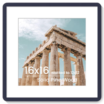 16x16 Solid Wood Square Frame | Matted for 12x12 Picture | Tempered Glass and Hanging Hardware Included | Navy Blue