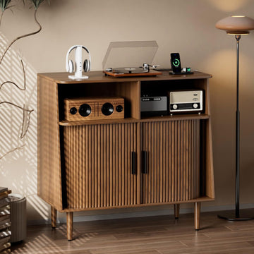 Record Player Stand with Vinyl Storage, Mid Century Modern Vinyl Storage Cabinet with Power Outlet and Sliding Doors