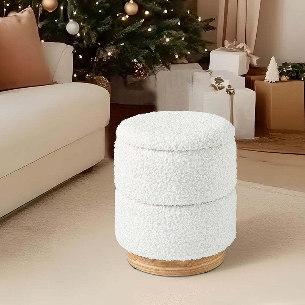 Round Ottoman with Storage, Modern Boucle Ottoman Upholstered Foot Stools with Wood Base, Vanity Stool Chair