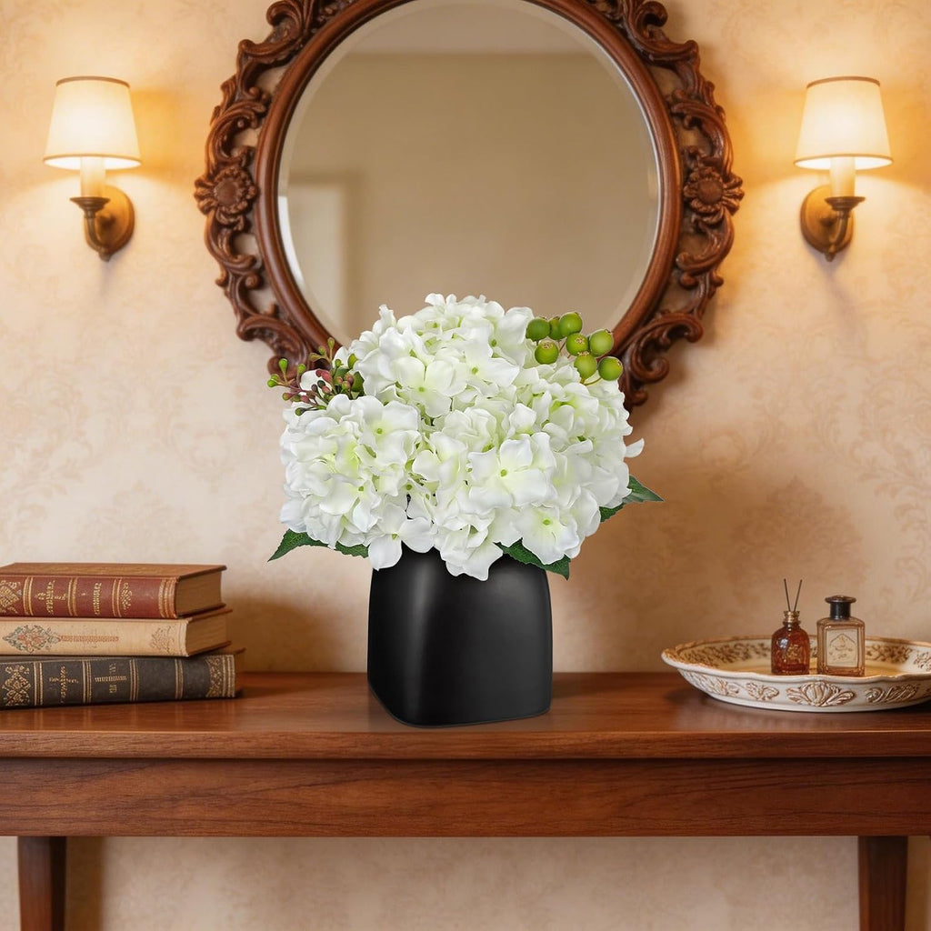 Artificial White Hydrangea Arrangement, Matte Black Vase Centerpiece