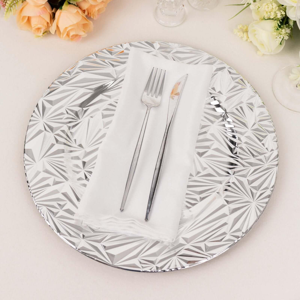 12-Pack Acrylic Charger Plates, Round 13" Metallic Silver Rock Cut Design with Beaded Rim - Decorative Dinner Serving