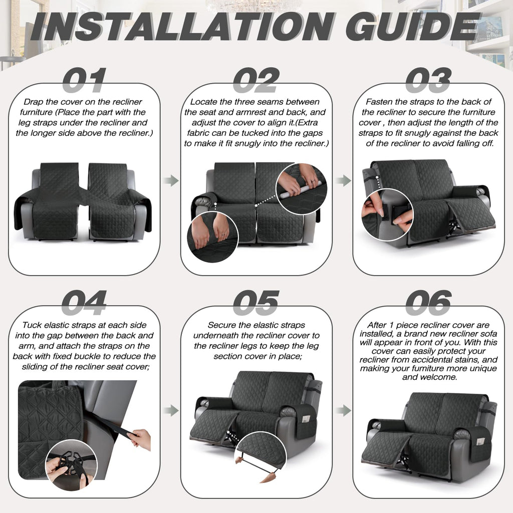 100% Waterproof Loveseat Recliner Covers Reversible, Charcoal Gray