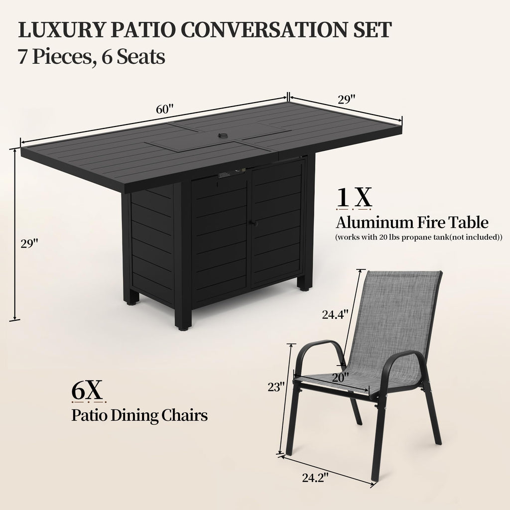 7 Pcs Outdoor Furniture Set w/ 60" Firepit and 6 Pieces Patio Chairs, 50, 000 BTU Aluminum Gas Fire Table and