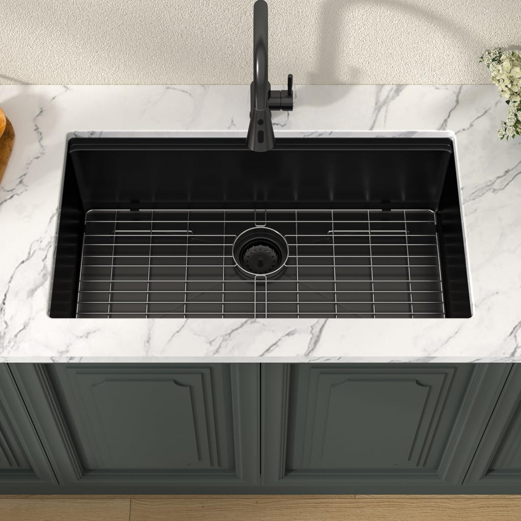 Matte Black Kitchen Sink 30 Inch Undermount Ledge Workstation T304 16 Gauge Stainless Steel Single Bowl Under Counter