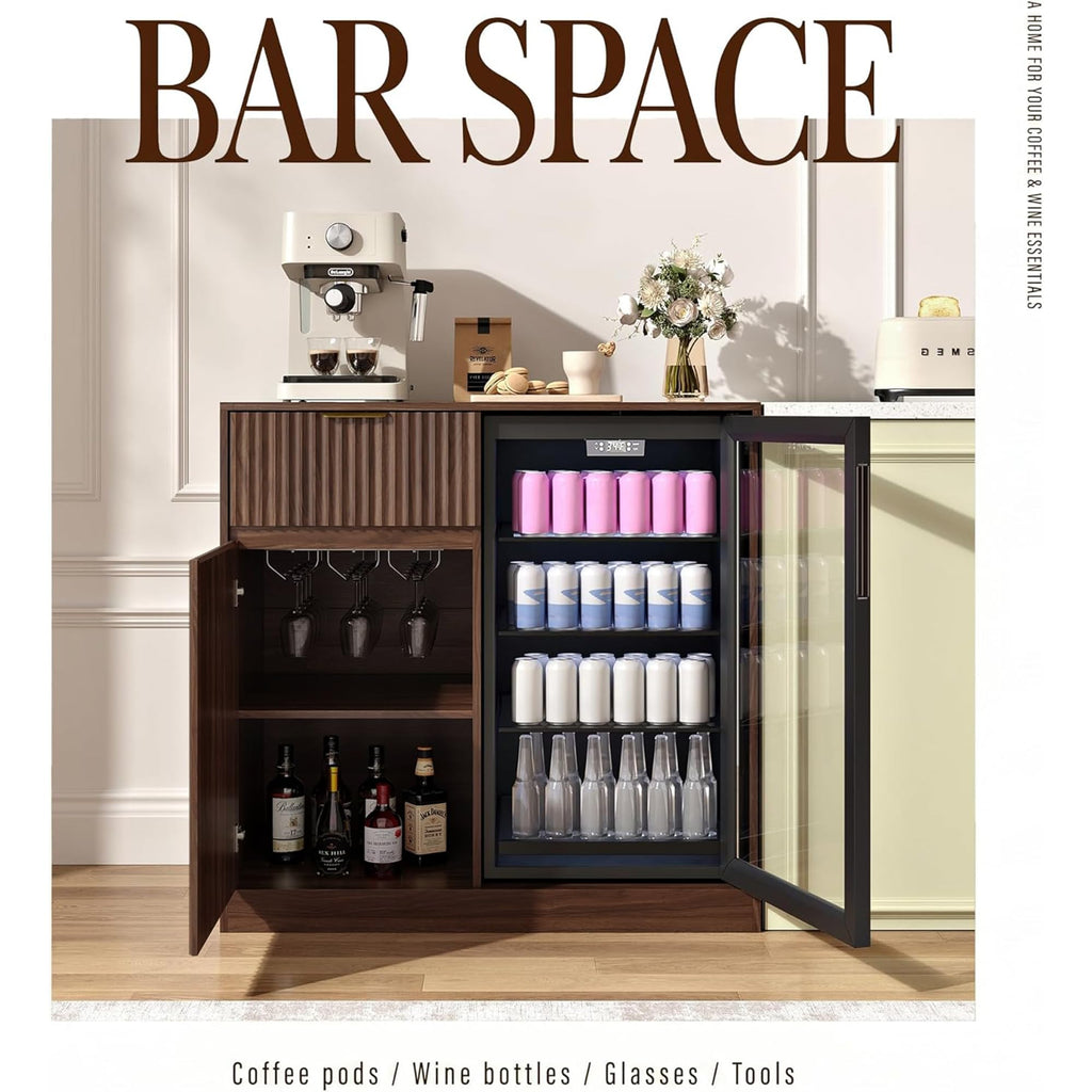 Mini Fridge Cabinet with Power Outlet, Coffee Bar Cabinet with Fridge Space & Wine Glass Rack, Fluted Buffet