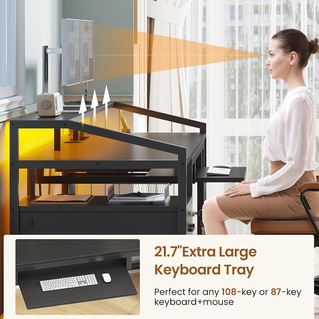 63" Computer Desk, Office Desk with Lockable Drawers for Legal/Letter File, Gaming Desk with LED Lights & Power