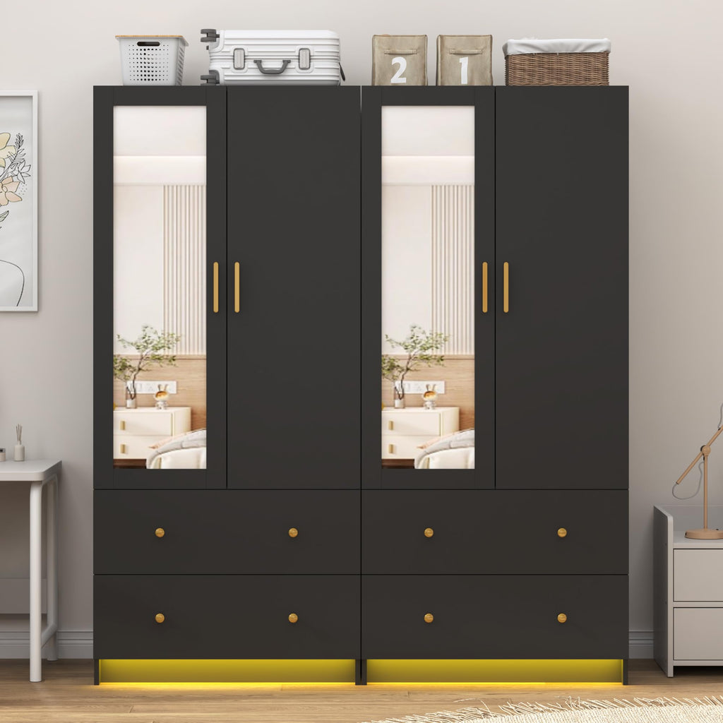 2 Door Wardrobe Closet with Mirrors and LED Lights, Small Bedroom Armoire with Drawers, Modern Wooden Armoire