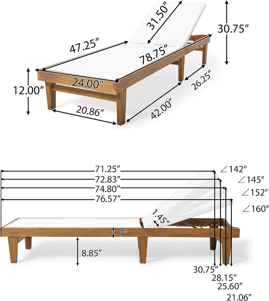 Set of 2 Chaise Lounge Chair Outdoor, Acacia Wood Frame Sunbathing Pool Lounger, Adjustable Backrest Patio