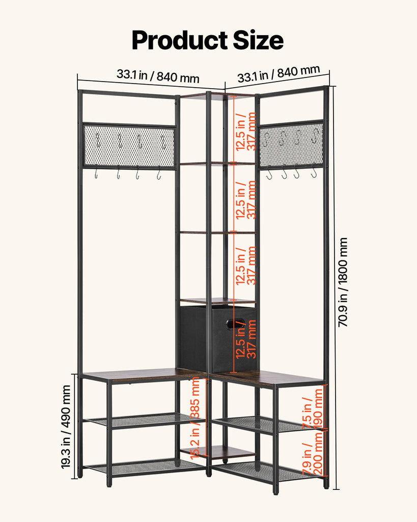 Corner Hall Tree with Shoe Bench, 70.9 in Coat Rack with Hooks and Steel Frame, Freestanding Clothes Shoes Rack