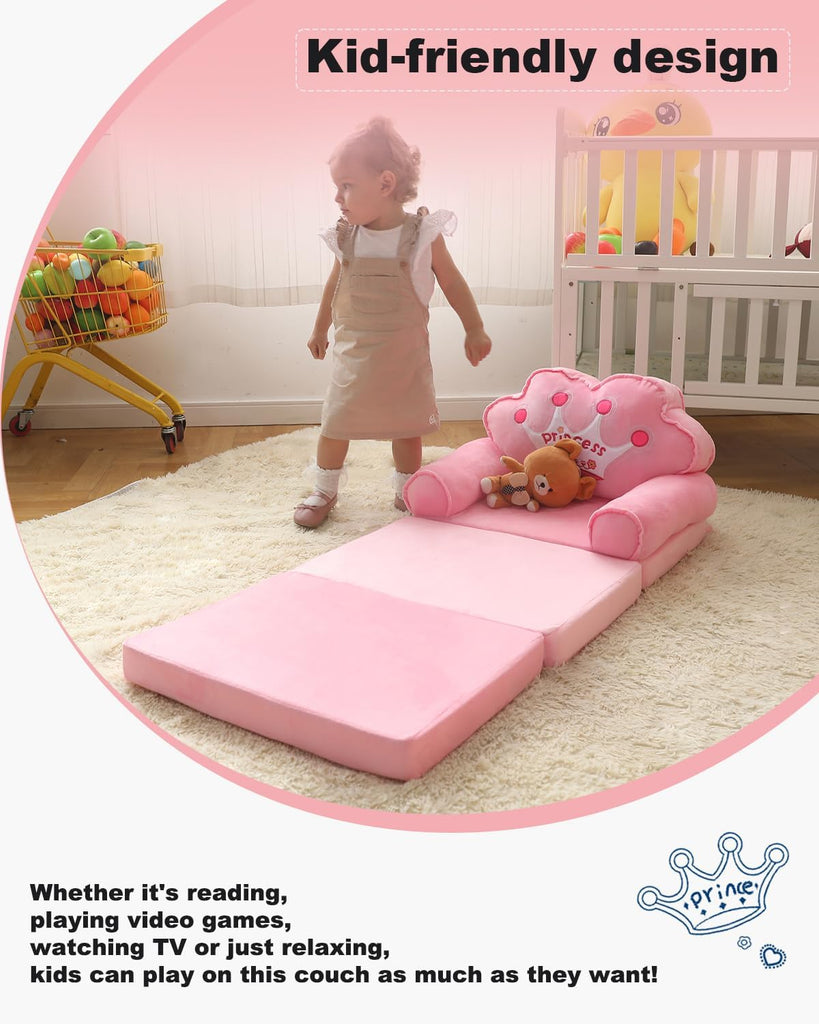 Kids Couch Fold Out, Foldable Princess Chair for Toddlers, Pink