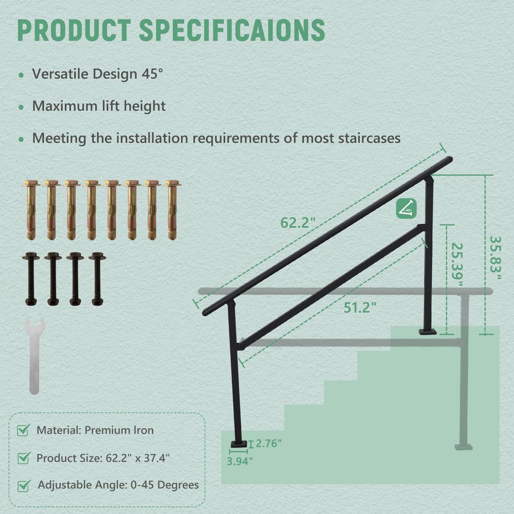 2 Pack Hand Rails for Outdoor Steps, 4-5 Step Railing for Stairs, Adjustable Porch Railing, Hand Rails for