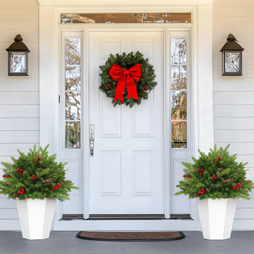 Timer 2 Pack Outdoor Christmas Tree Urn Filler 24 Inch Artificial Xmas Tree withPinecones Red Berries Tripod Stake