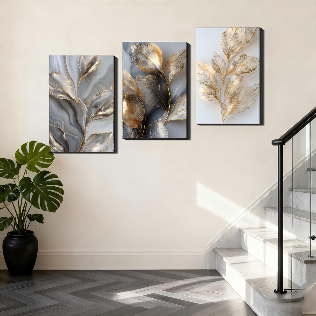 3 Pc Large Wall Art - Gold Leaf Marble Abstract Decor, Luxury Textured Prints, Oversize Elegant Wall Art, Framed