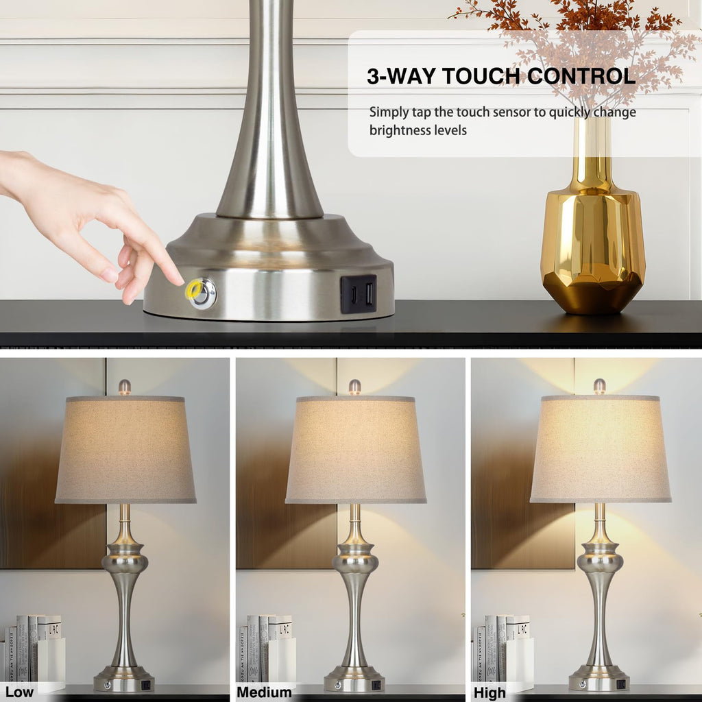 30" Silver Table Lamps Set of 2, 3 Way Touch Control Living Room Lamp with USB A+C Ports, Modern Brushed Nickel