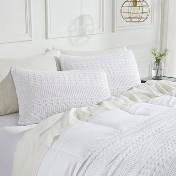 Waffle Weave White Queen Size Sham Set of 2 20x30, Decorative Throw Pillow Covers/Shams, Boho Farmhouse Bedroom Decor