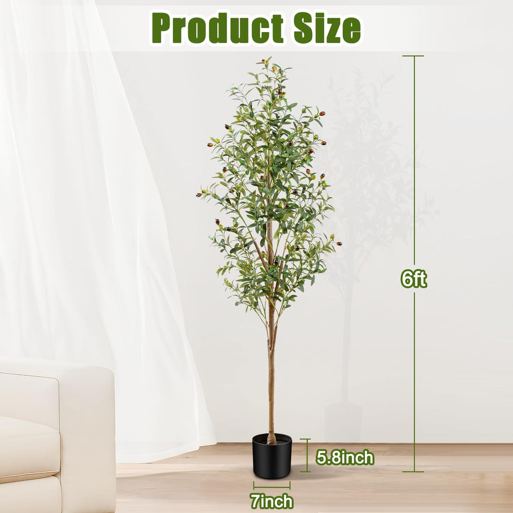 6FT Artificial Olive Tree Indoor, Tall Faux Olive Tree with Pot&Basket, Large Fake Olive Tree with Realistic 1080
